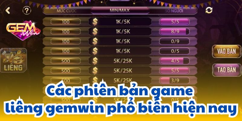 lieng gemwin 2 Các phiên bản game liêng gemwin phổ biến hiện nay